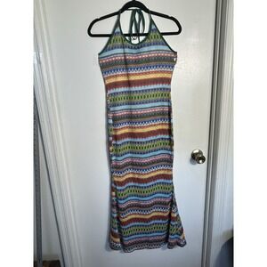 SHEIN Woman's Chevron Knit Halter Maxi Dress Multi-Color Boho Beachy Sz 8/10